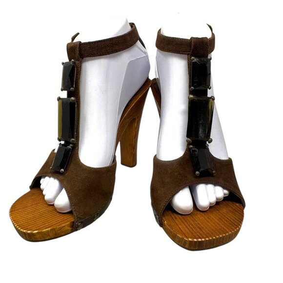 Beverly Feldman Cocoa‎ Suede Bejeweled T-Strap Wooden Sandals - Picture 6 of 11